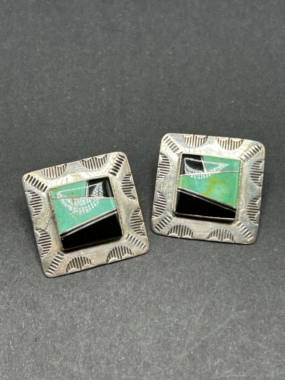 VTG Fred Maloney Sterling Silver Turquoise & Black Inlay Square Post Earrings